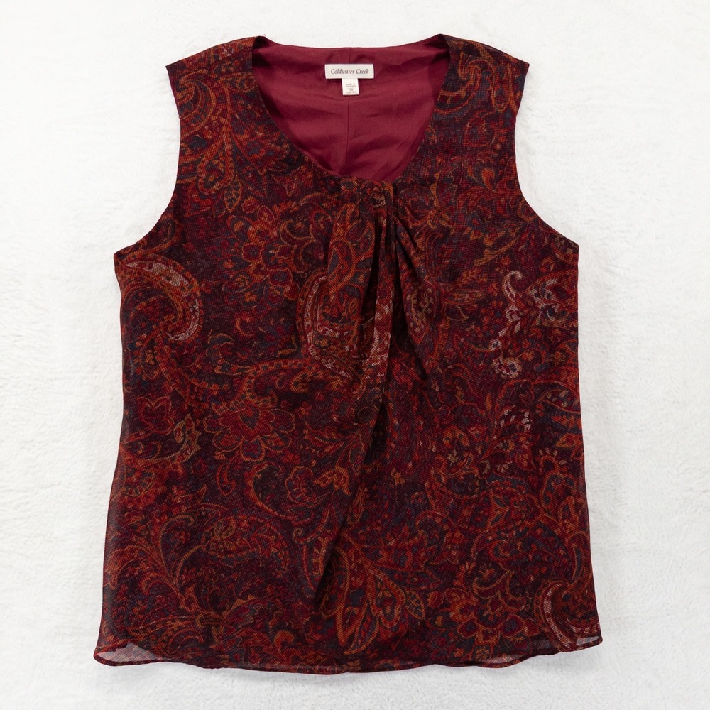 Coldwater Creek Womens Blouse 1X Burgundy Paisley Pleated Front Sleeveless Top